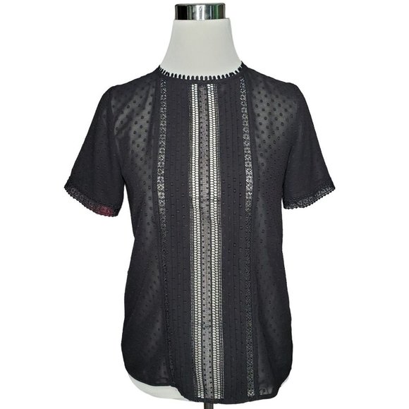 Ann Taylor Tops - Ann Taylor Black Clip Swiss Dot Keyhole Back Short Sleeve Sheer Blouse Size XSP
